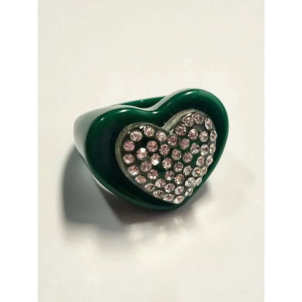 Sparklemuse Acrylic Rhinestone Heart On Heart Ring Size 8 Green Clear